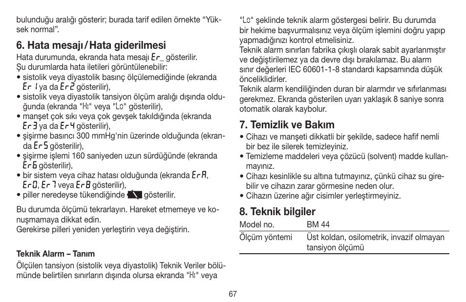 Hata mesajı / hata giderilmesi, Temizlik ve bakım, Teknik bilgiler | Beurer BM 44 User Manual | Page 67 / 100