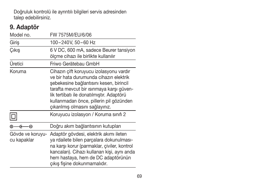 Adaptör | Beurer BM 44 User Manual | Page 69 / 100