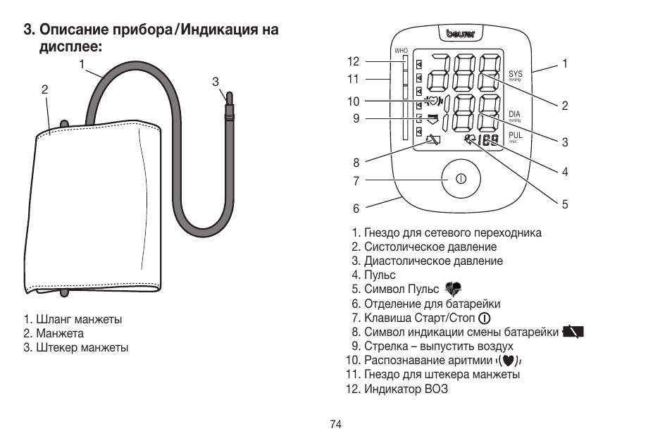 Описание прибора / индикация на дисплее | Beurer BM 44 User Manual | Page 74 / 100