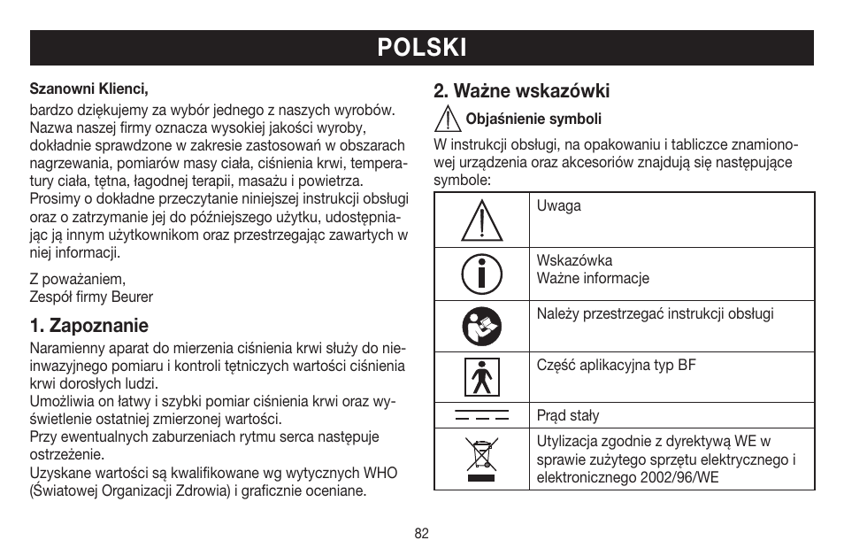 Polski, Zapoznanie, Ważne wskazówki | Beurer BM 44 User Manual | Page 82 / 100
