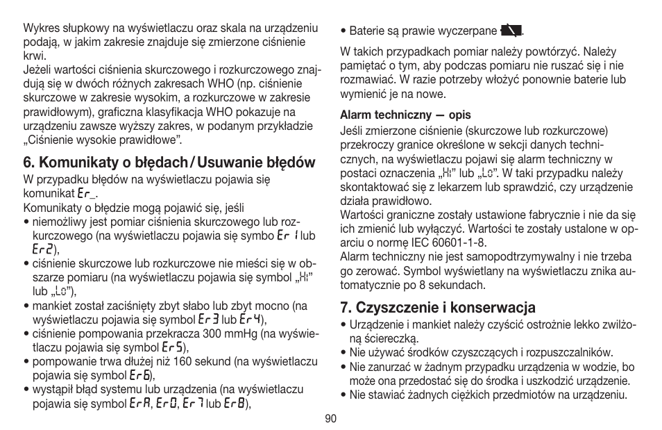 Komunikaty o błędach / usuwanie błędów, Czyszczenie i konserwacja | Beurer BM 44 User Manual | Page 90 / 100