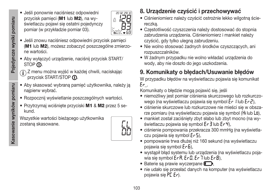 Urządzenie czyścić i przechowywać, Komunikaty o błędach/usuwanie błędów | Beurer BM 45 User Manual | Page 103 / 108