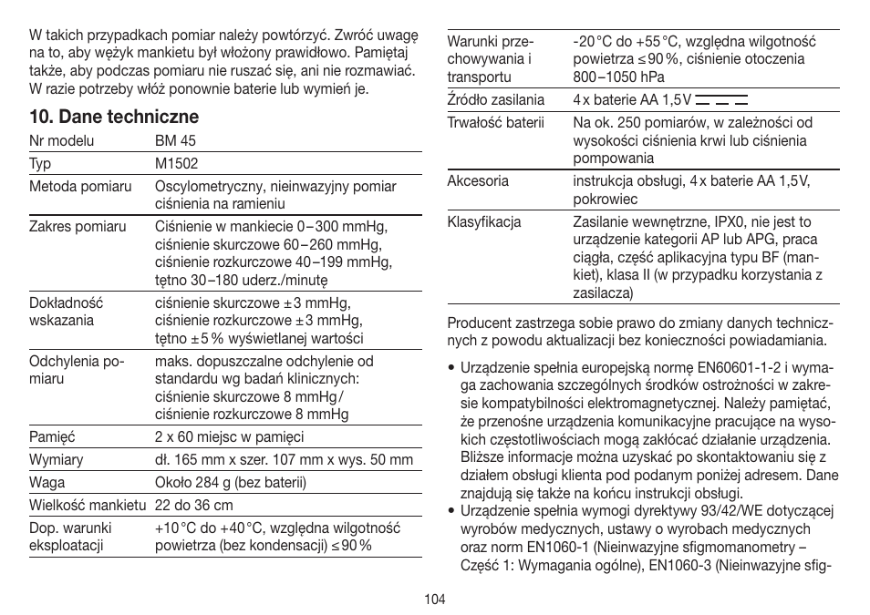 Dane techniczne | Beurer BM 45 User Manual | Page 104 / 108