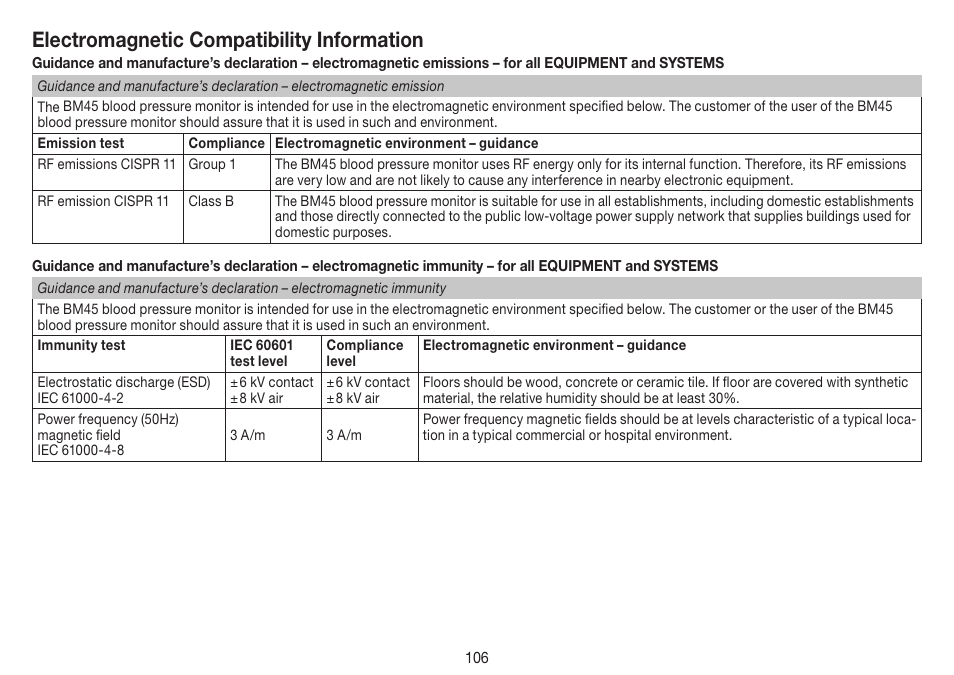 Electromagnetic compatibility information | Beurer BM 45 User Manual | Page 106 / 108