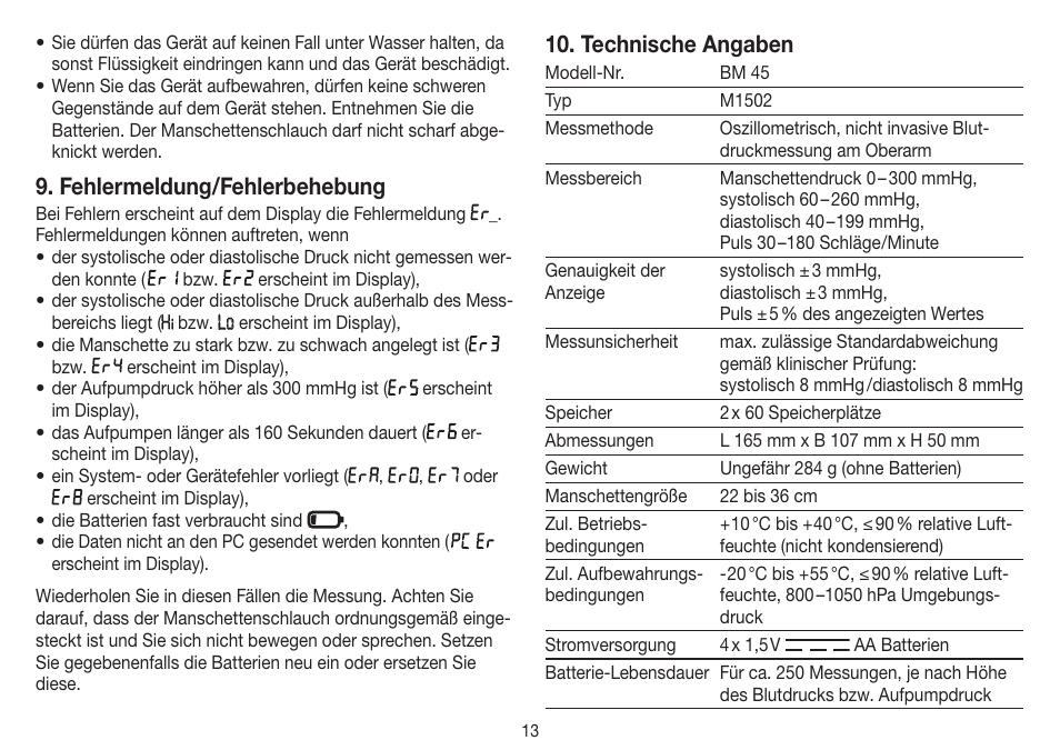 Fehlermeldung/fehlerbehebung, Technische angaben | Beurer BM 45 User Manual | Page 13 / 108