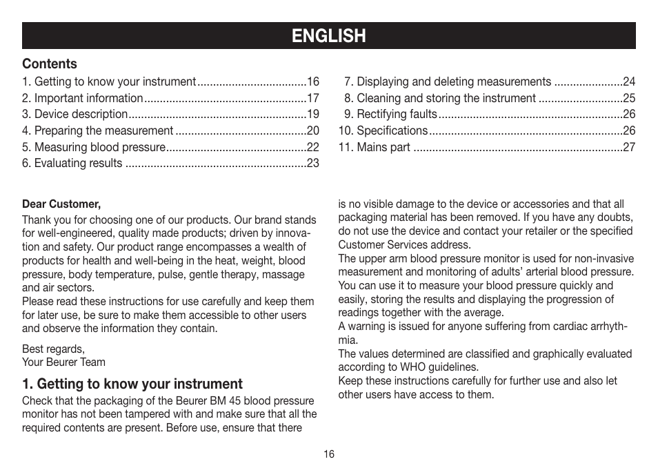 English, Getting to know your instrument | Beurer BM 45 User Manual | Page 16 / 108