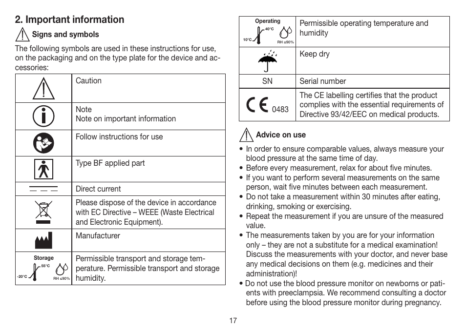 Important information | Beurer BM 45 User Manual | Page 17 / 108