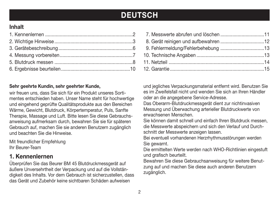 Deutsch, Kennenlernen | Beurer BM 45 User Manual | Page 2 / 108