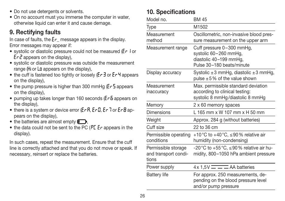 Rectifying faults, Specifications | Beurer BM 45 User Manual | Page 26 / 108