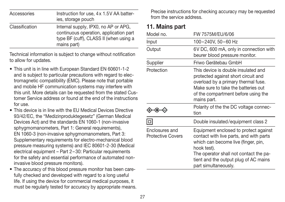 Mains part | Beurer BM 45 User Manual | Page 27 / 108