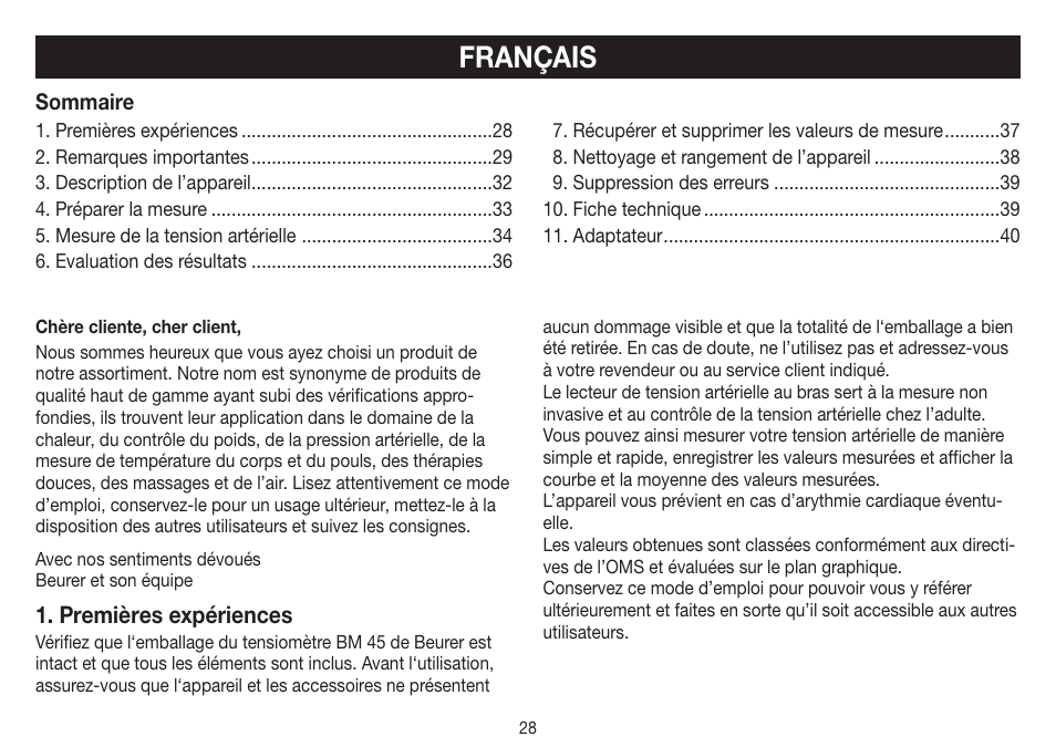 Français, Premières expériences | Beurer BM 45 User Manual | Page 28 / 108