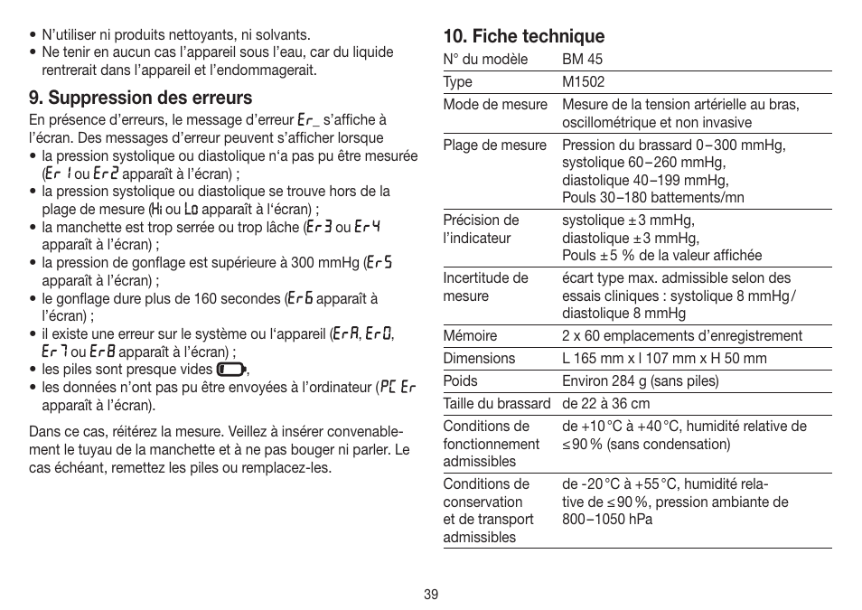 Suppression des erreurs, Fiche technique | Beurer BM 45 User Manual | Page 39 / 108