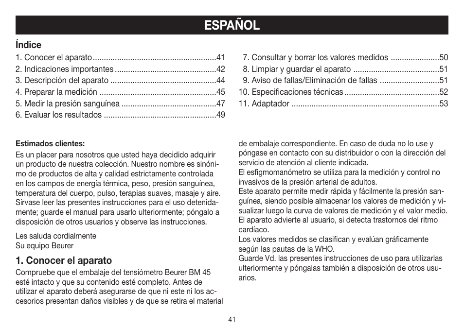 Español, Conocer el aparato | Beurer BM 45 User Manual | Page 41 / 108