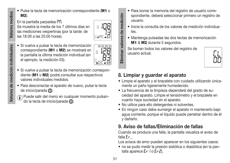 Limpiar y guardar el aparato, Aviso de fallas/eliminación de fallas | Beurer BM 45 User Manual | Page 51 / 108