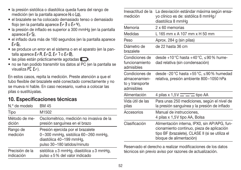 Especificaciones técnicas | Beurer BM 45 User Manual | Page 52 / 108