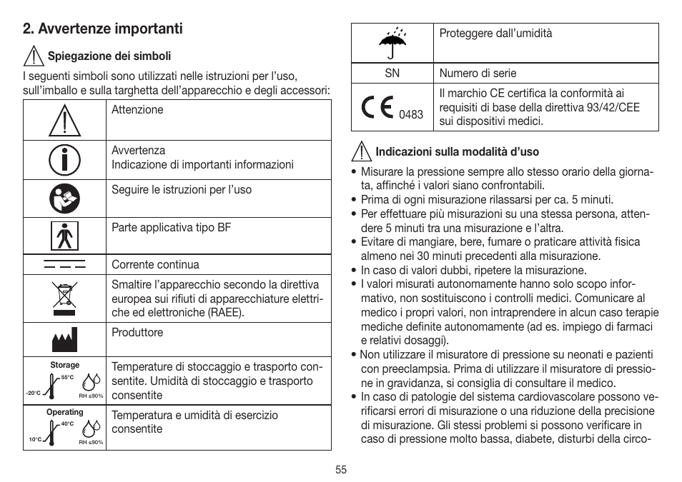 Avvertenze importanti | Beurer BM 45 User Manual | Page 55 / 108