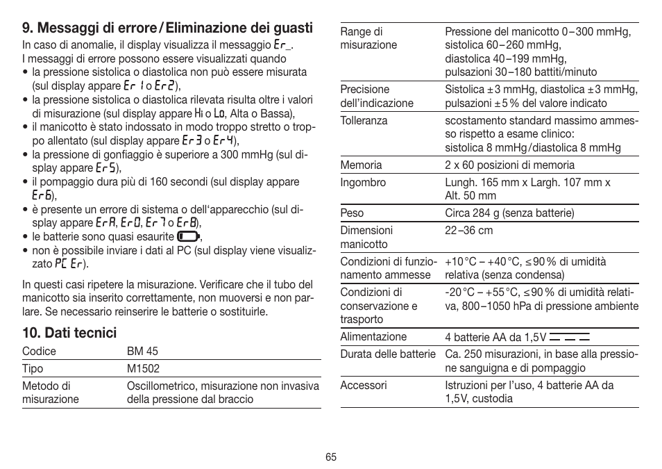Messaggi di errore / eliminazione dei guasti, Dati tecnici | Beurer BM 45 User Manual | Page 65 / 108