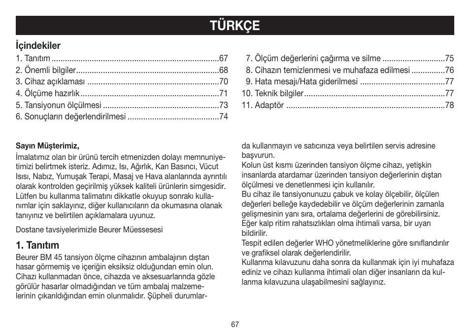 Türkçe, Tanıtım | Beurer BM 45 User Manual | Page 67 / 108