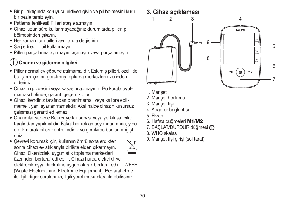 Cihaz açıklaması | Beurer BM 45 User Manual | Page 70 / 108