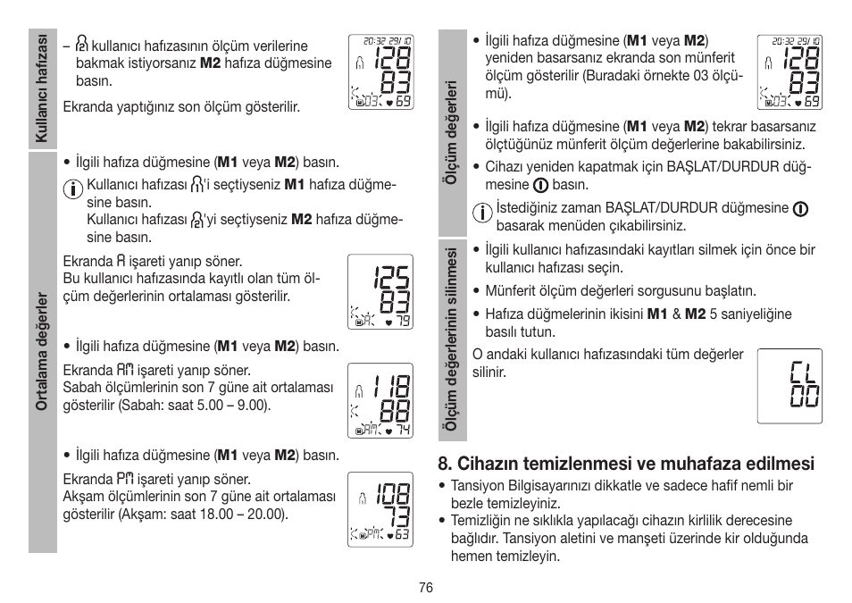 Cihazın temizlenmesi ve muhafaza edilmesi | Beurer BM 45 User Manual | Page 76 / 108