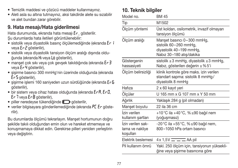 Hata mesajı/hata giderilmesi, Teknik bilgiler | Beurer BM 45 User Manual | Page 77 / 108