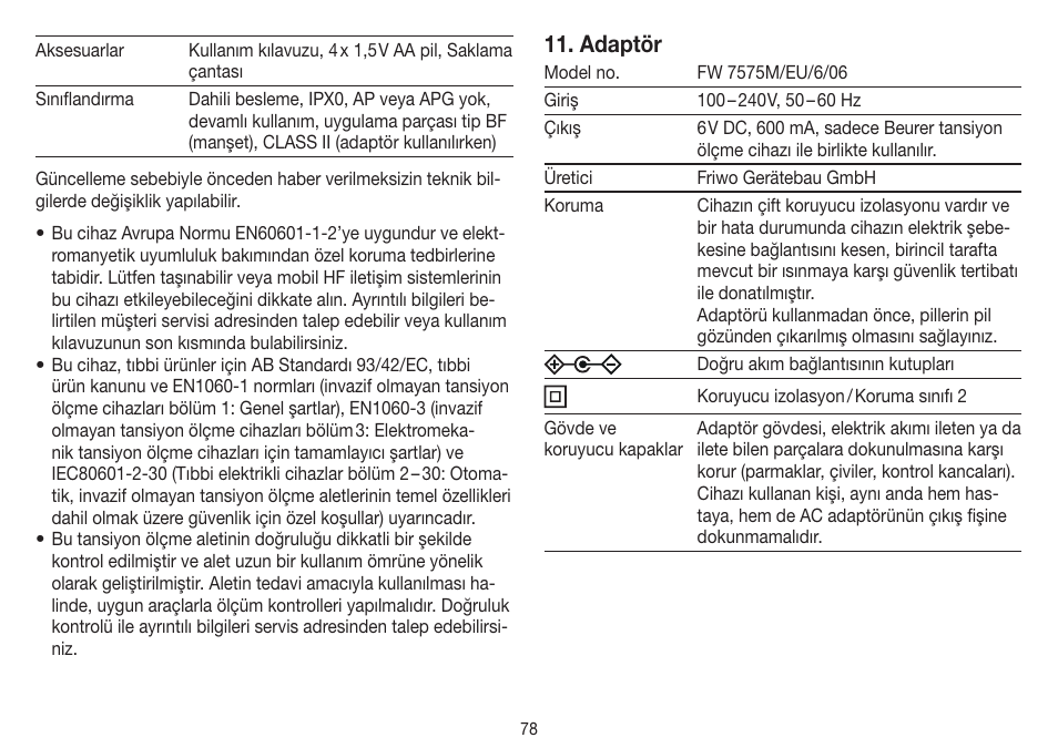 Adaptör | Beurer BM 45 User Manual | Page 78 / 108