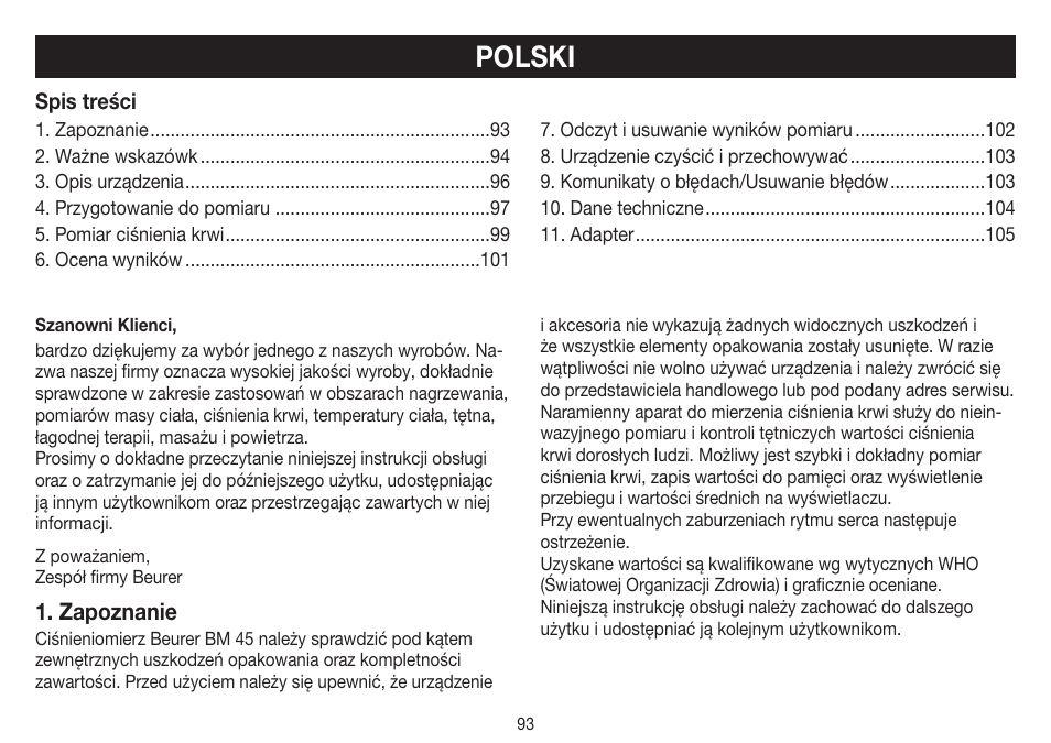 Polski, Zapoznanie | Beurer BM 45 User Manual | Page 93 / 108