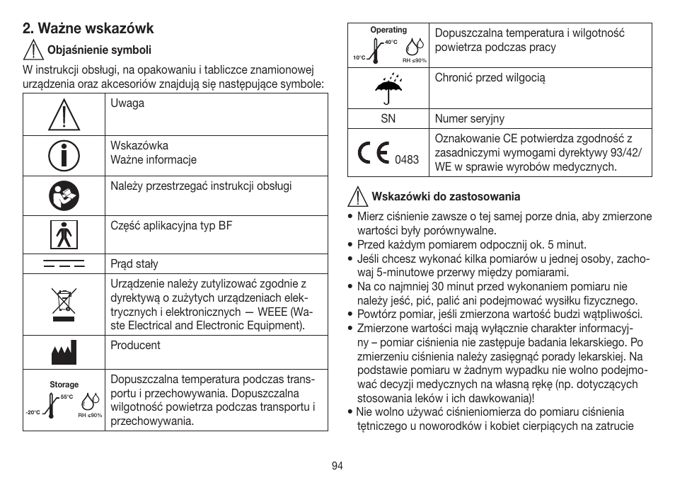 Ważne wskazówk | Beurer BM 45 User Manual | Page 94 / 108