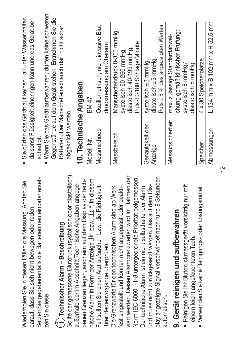 Ger ät reinigen und aufbewahr en, Technische angaben | Beurer BM 47 User Manual | Page 12 / 104