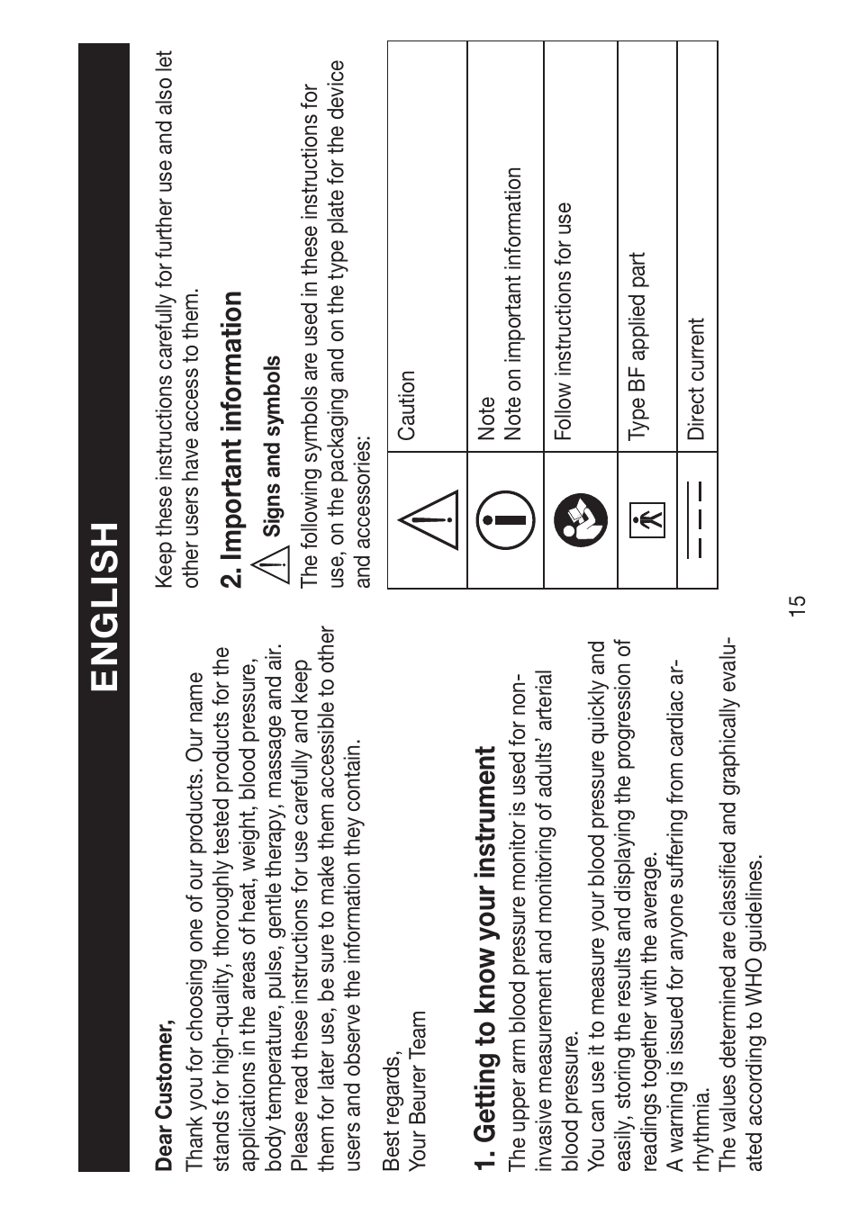 En g l is h, Getting to know your instrument, Impor tant information | Beurer BM 47 User Manual | Page 15 / 104