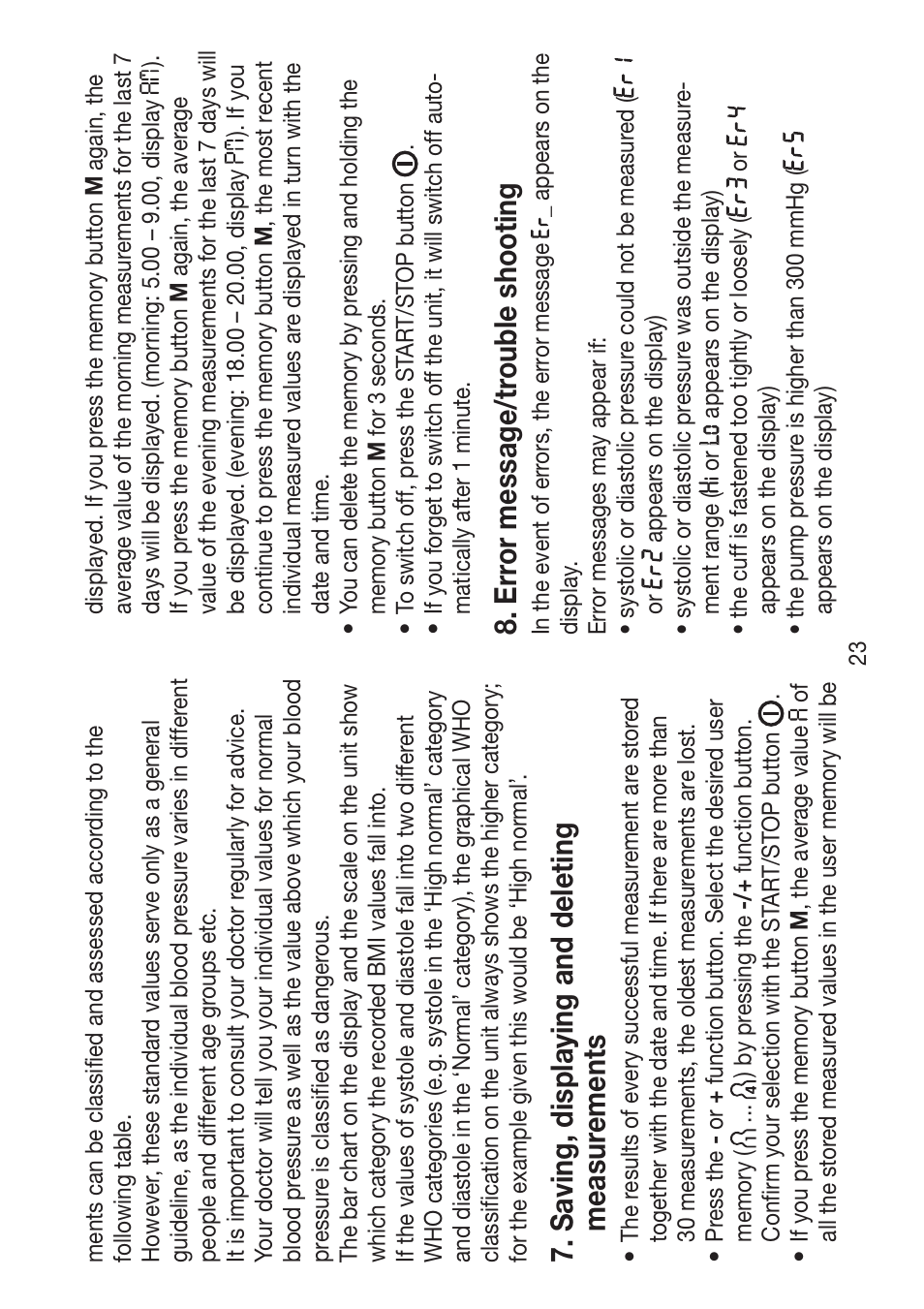 Saving, displaying and deleting measur ements, Err or message/tr ouble shooting | Beurer BM 47 User Manual | Page 23 / 104