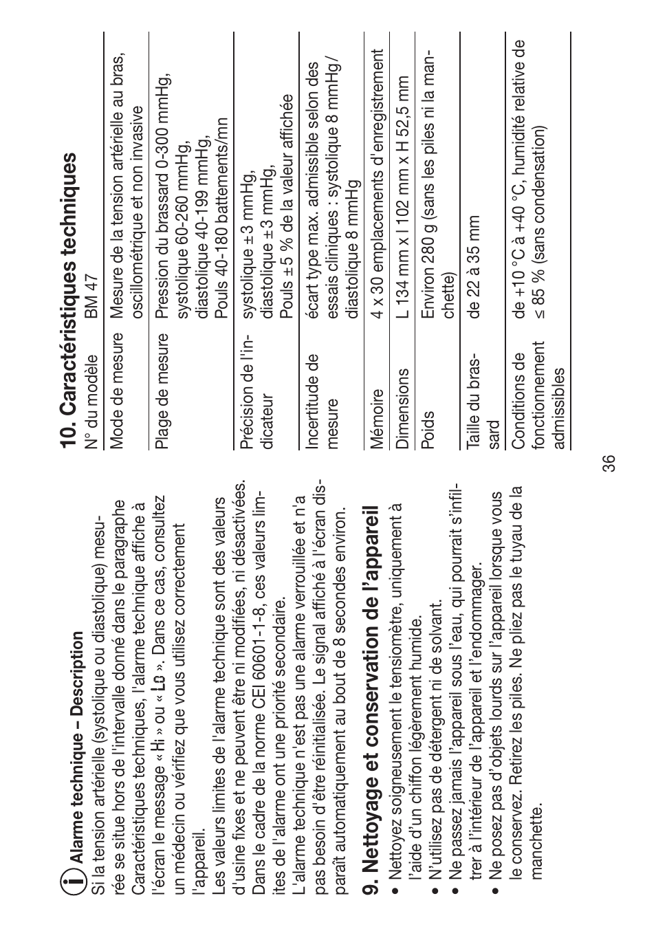 Nett oyage et conser vation de l’appar eil, C ar act éristiques techniques | Beurer BM 47 User Manual | Page 36 / 104