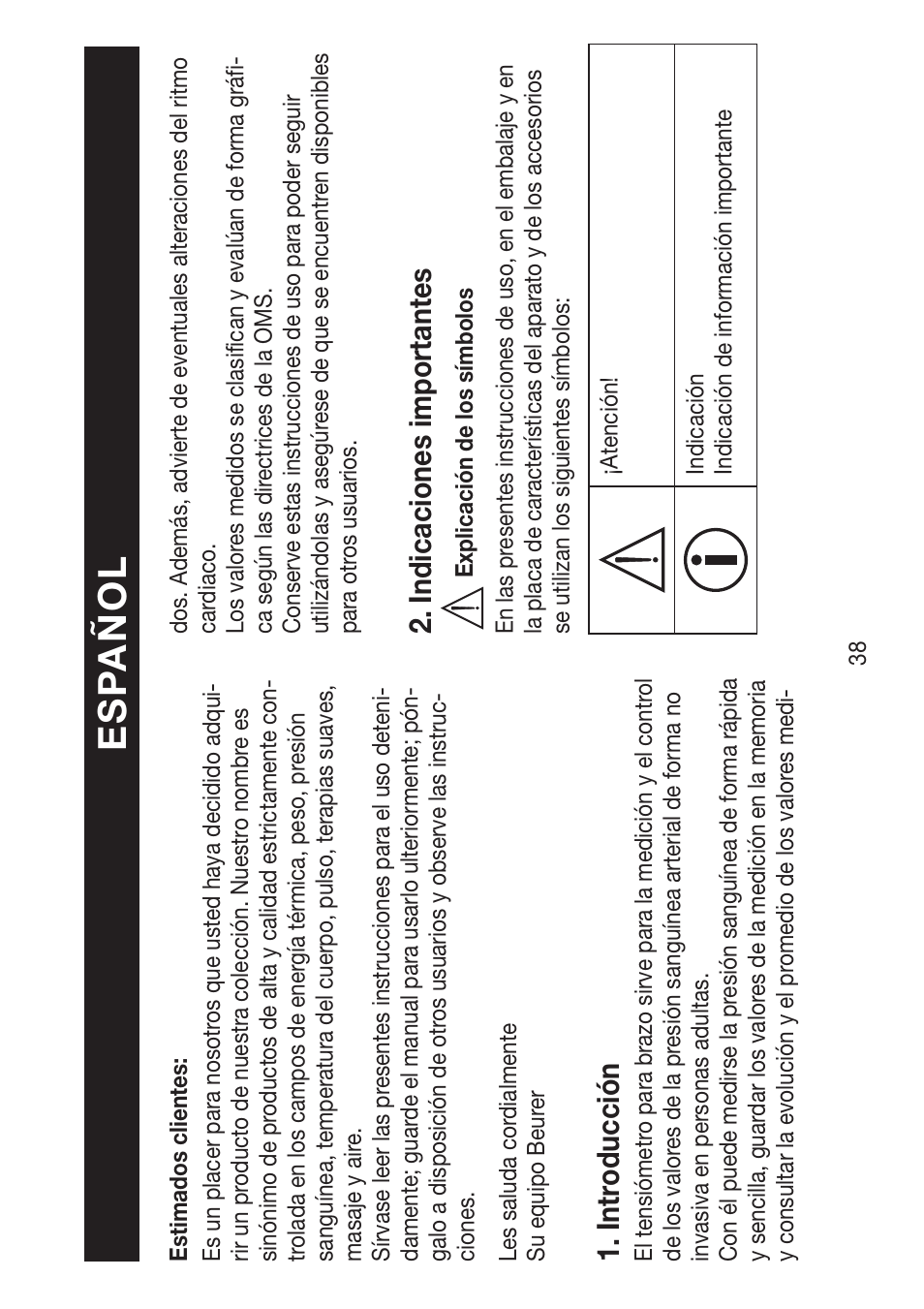 Intr oducción, Indicaciones impor tant es | Beurer BM 47 User Manual | Page 38 / 104