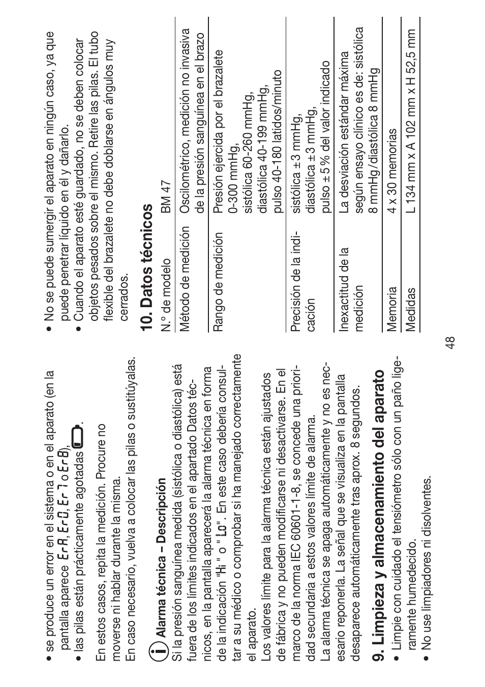 Limpie za y almacenamient o del apar at o, Dat os técnicos | Beurer BM 47 User Manual | Page 48 / 104