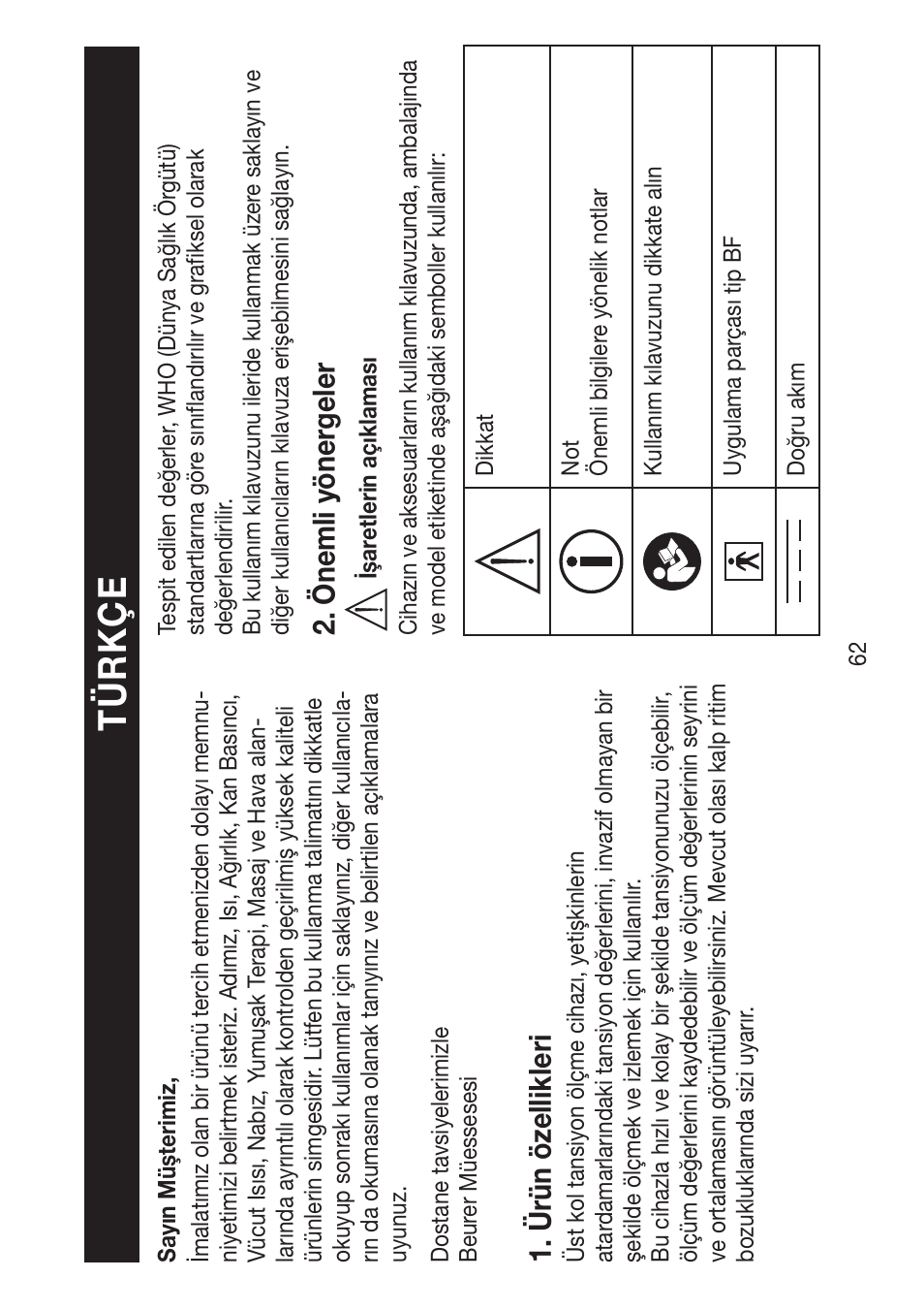 Ürün öz ellikleri, Önemli yöner geler | Beurer BM 47 User Manual | Page 62 / 104