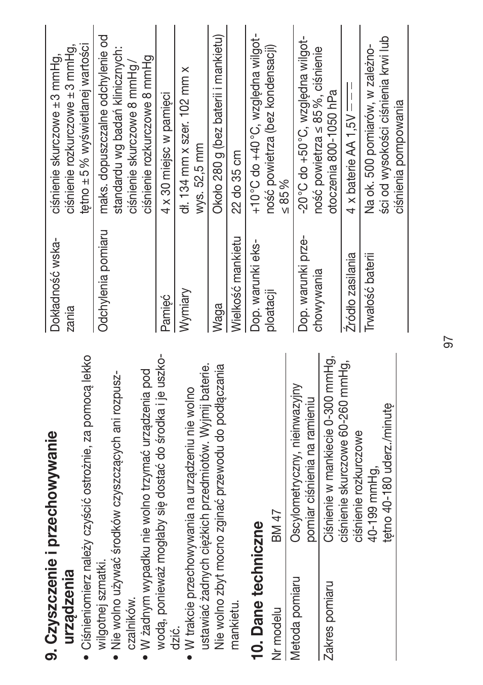 Czyszcz enie i prz echow ywanie urządz enia, Dane techniczne | Beurer BM 47 User Manual | Page 97 / 104