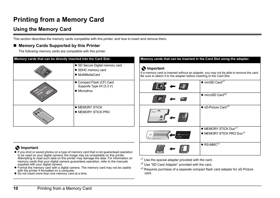 Printing from a memory card | Canon 320 User Manual | Page 13 / 59