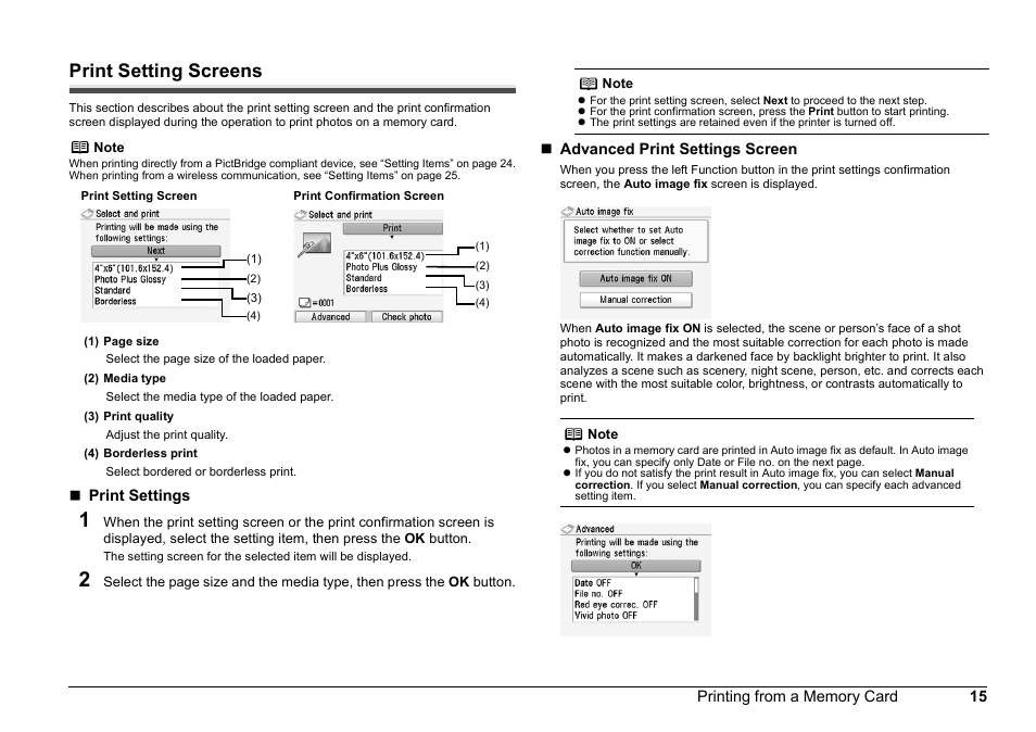 Print setting screens | Canon 320 User Manual | Page 18 / 59