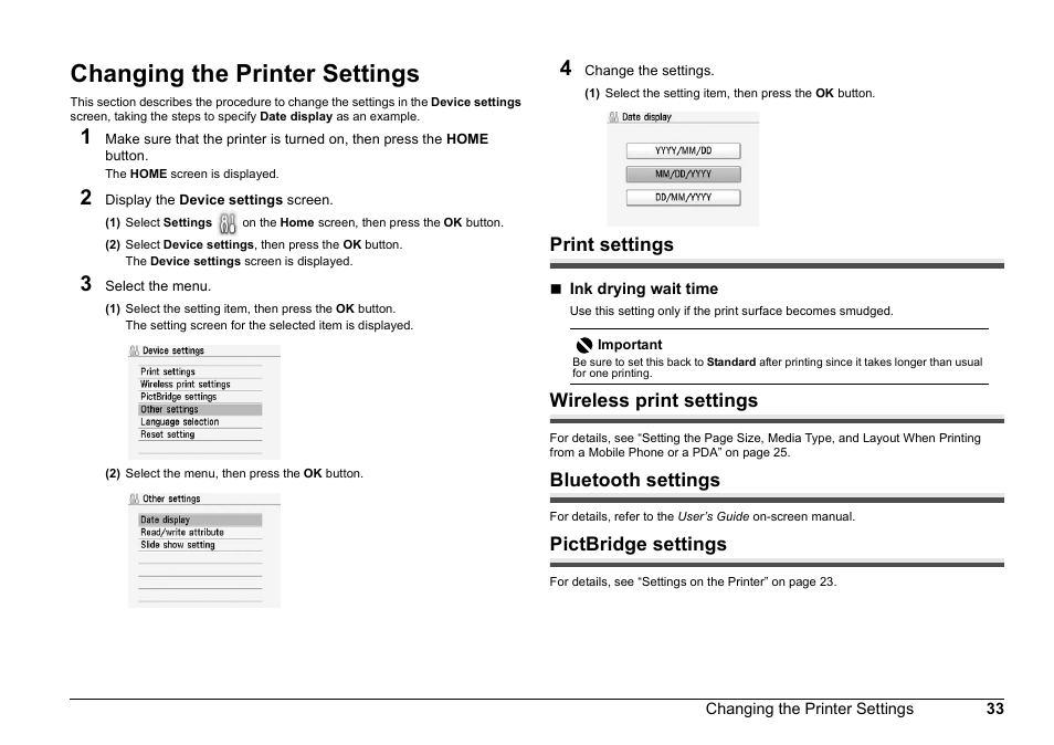 Changing the printer settings, Print settings, Wireless print settings | Bluetooth settings, Pictbridge settings | Canon 320 User Manual | Page 36 / 59