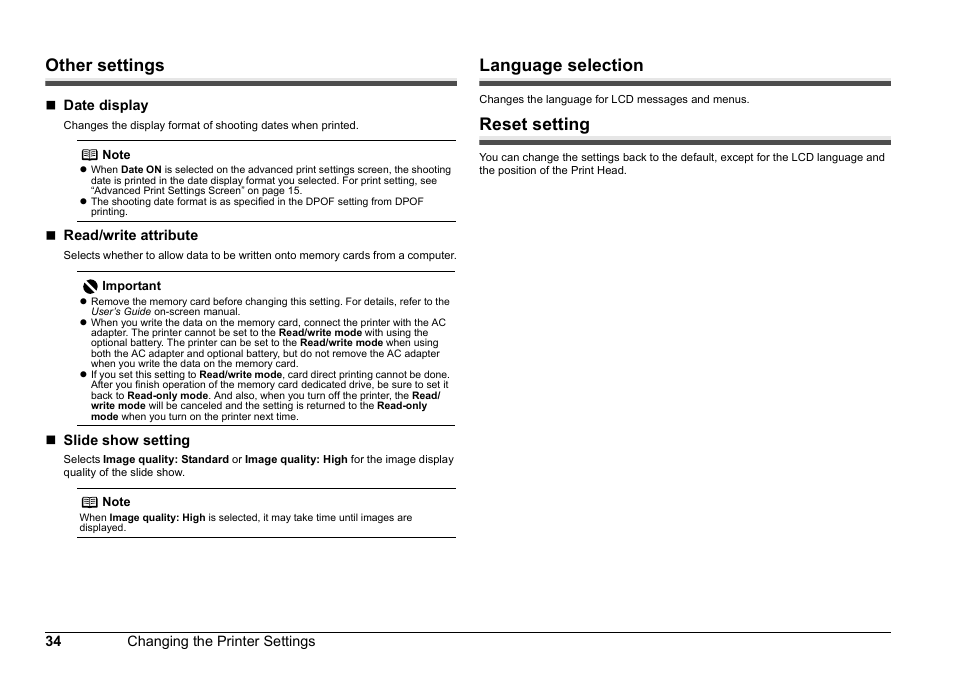 Other settings, Language selection, Reset setting | Canon 320 User Manual | Page 37 / 59