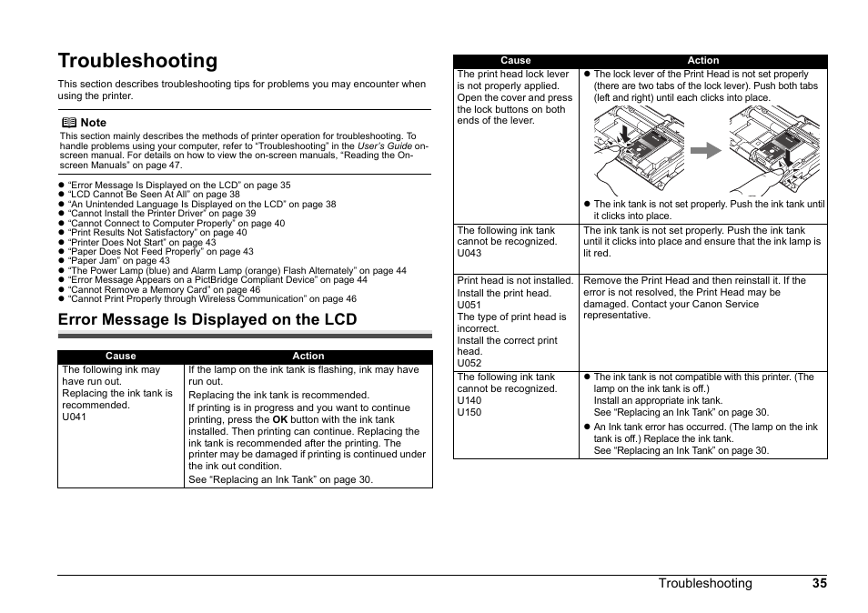 Troubleshooting, Error message is displayed on the lcd | Canon 320 User Manual | Page 38 / 59