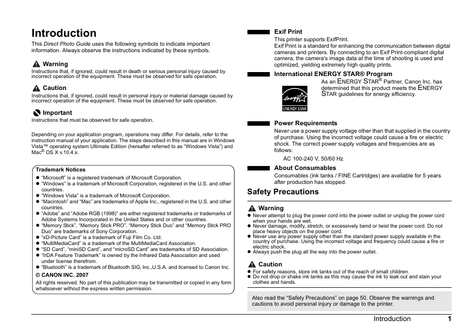 Introduction, Safety precautions | Canon 320 User Manual | Page 4 / 59