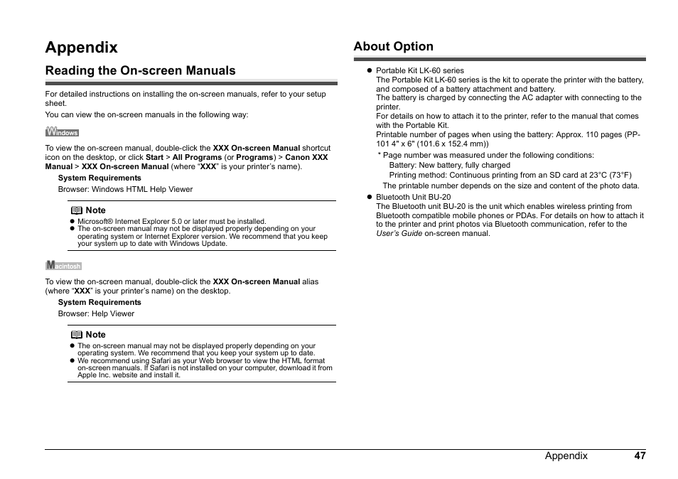 Appendix, Reading the on-screen manuals, About option | Canon 320 User Manual | Page 50 / 59