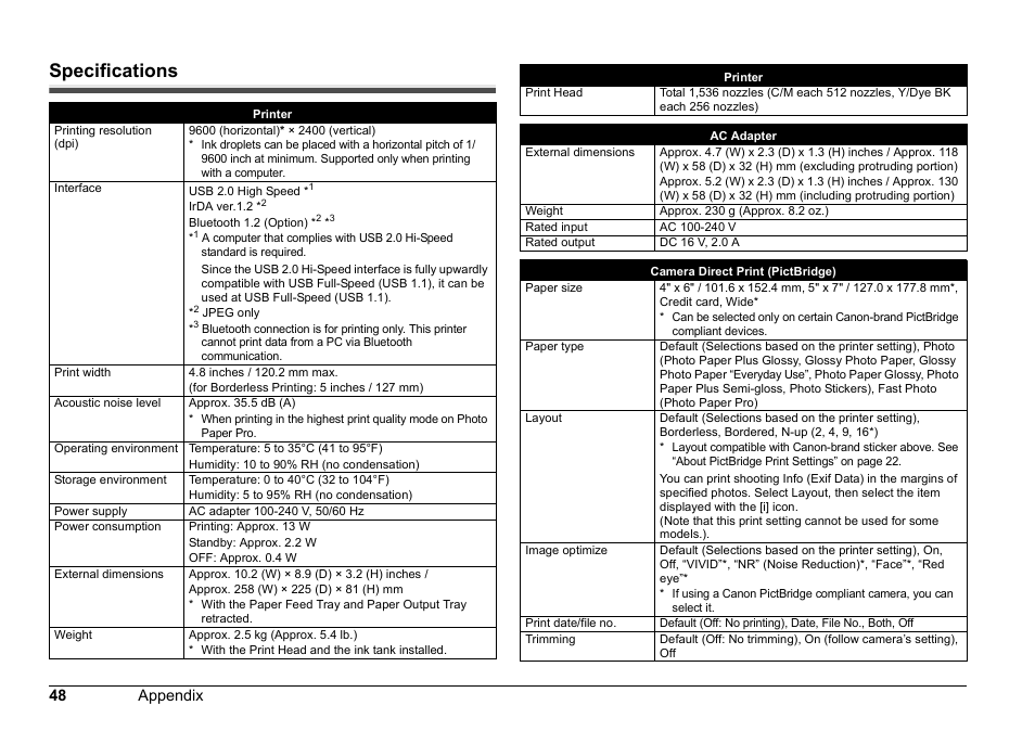 Specifications | Canon 320 User Manual | Page 51 / 59