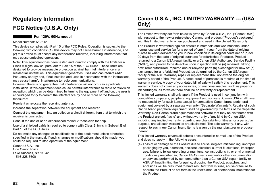 Regulatory information fcc notice (u.s.a. only) | Canon 320 User Manual | Page 55 / 59