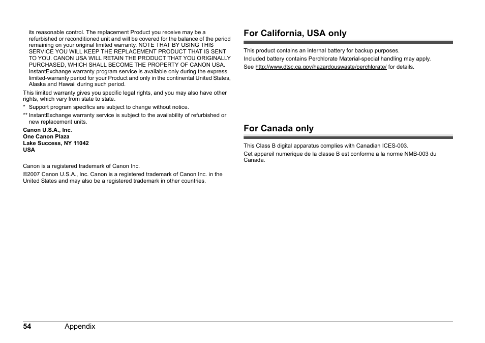 For california, usa only, For canada only | Canon 320 User Manual | Page 57 / 59