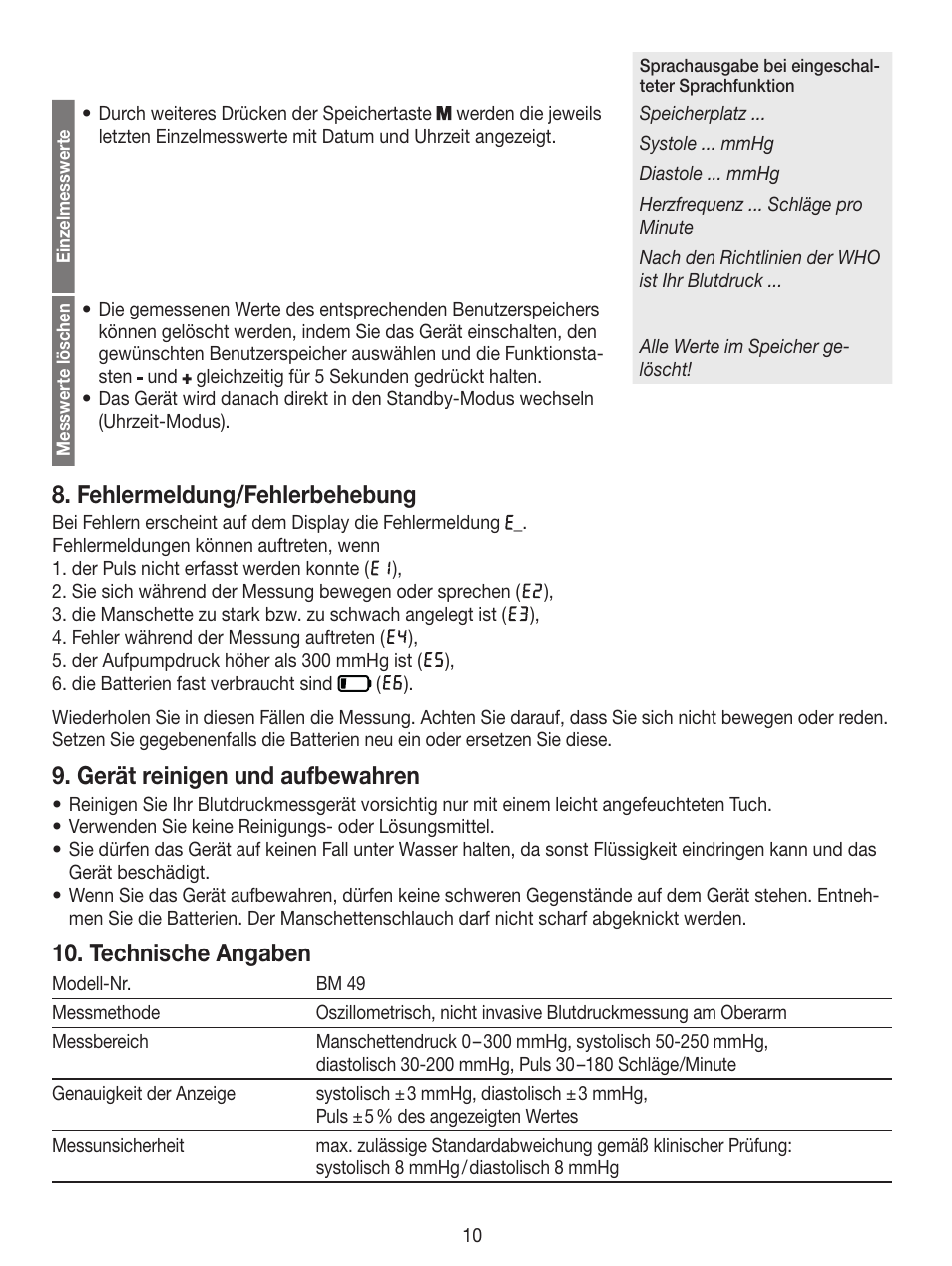 Fehlermeldung/fehlerbehebung, Gerät reinigen und aufbewahren, Technische angaben | Beurer BM 49 User Manual | Page 10 / 56
