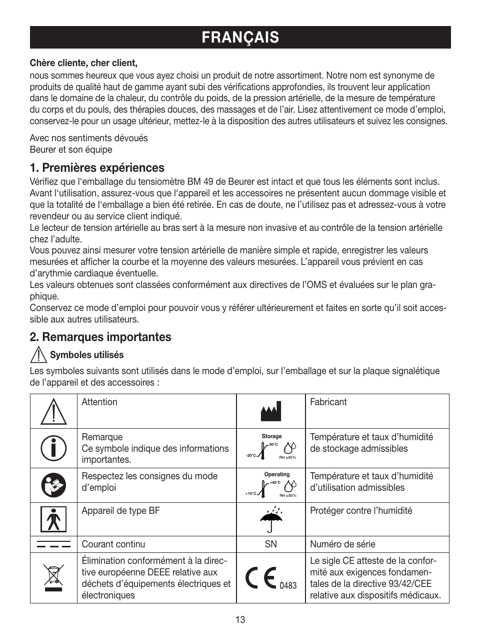 Français, Premières expériences, Remarques importantes | Beurer BM 49 User Manual | Page 13 / 56