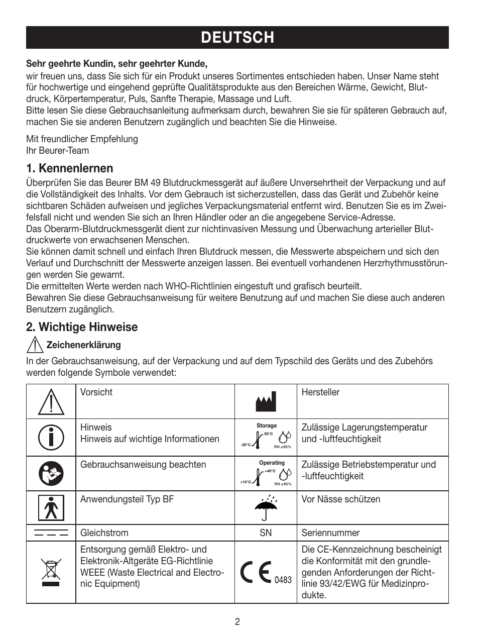 Deutsch, Kennenlernen, Wichtige hinweise | Beurer BM 49 User Manual | Page 2 / 56