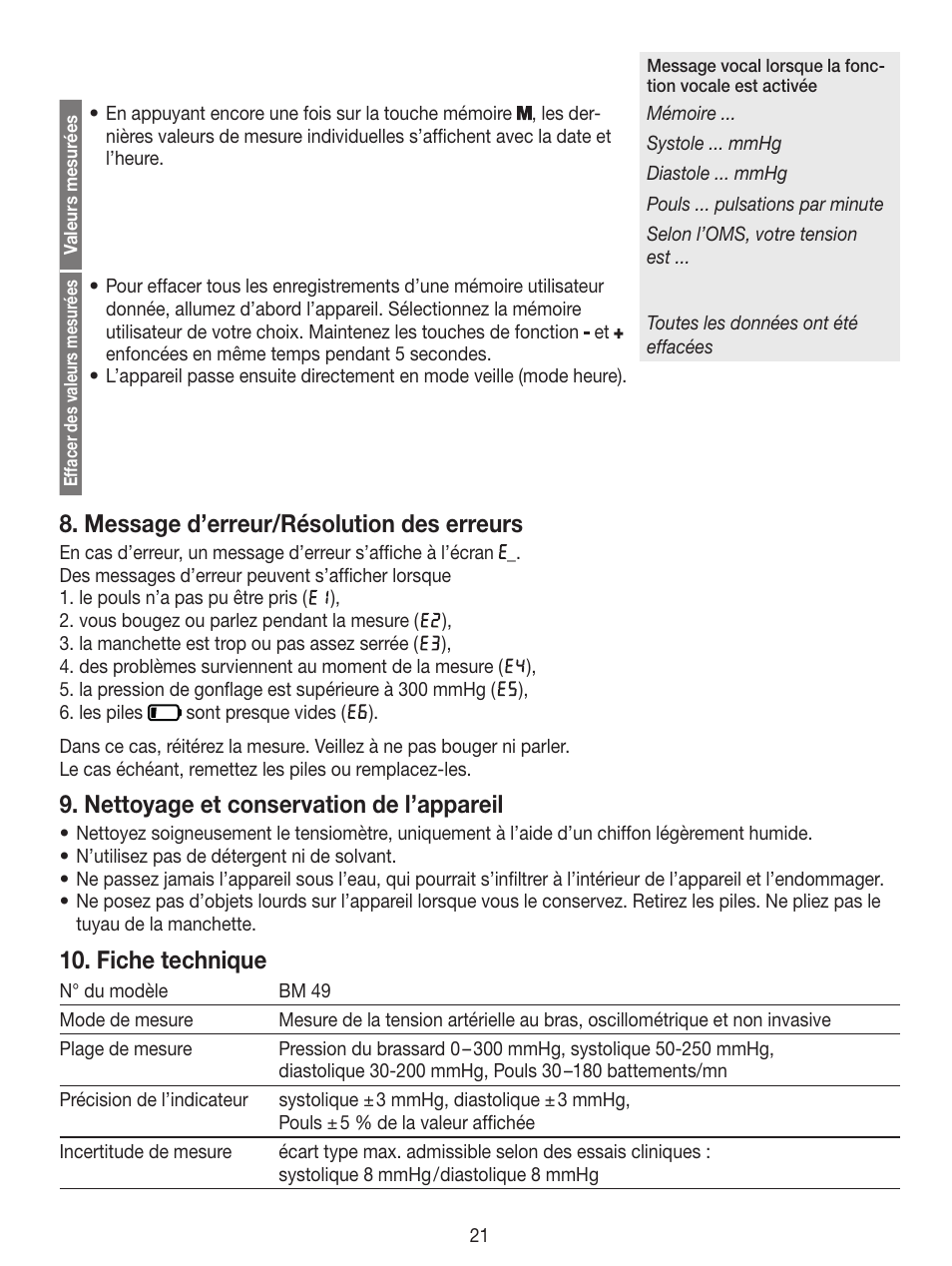 Message d’erreur/résolution des erreurs, Nettoyage et conservation de l’appareil, Fiche technique | Beurer BM 49 User Manual | Page 21 / 56